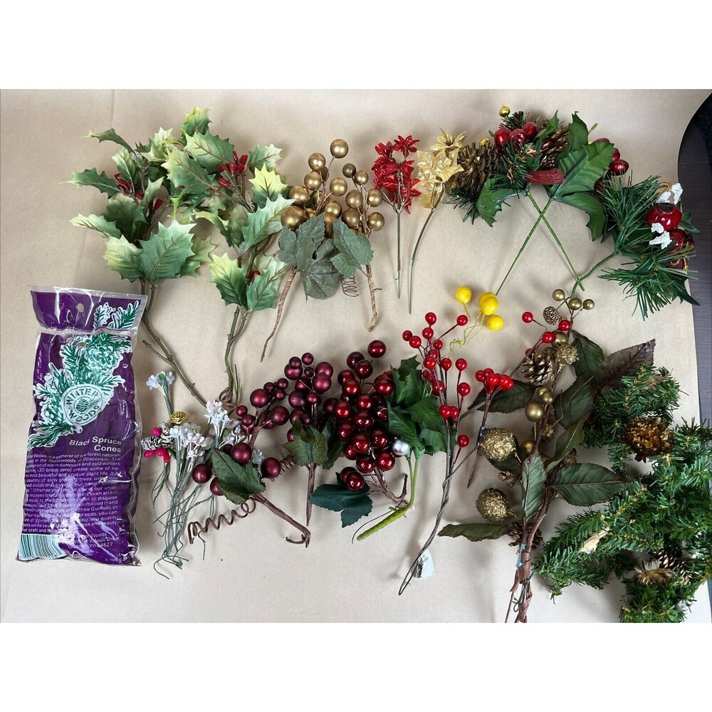 Lot Of VTG Holly Berry Fruit Pinecone Pick Floral Holiday Christmas Decoration